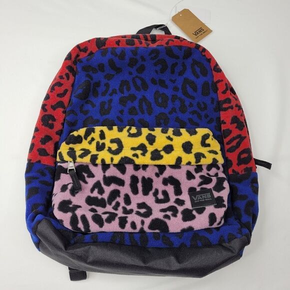 NEW VANS PLUSH LEOPARD FURRY BLACK BLUE RED GOLD Deana BACKPACK TRAVEL BAG NWT - Picture 12 of 16